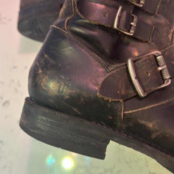 Frye Kelly Veronica distressed leather ankle moto boots black buckle 8.5 - Picture 7 of 10